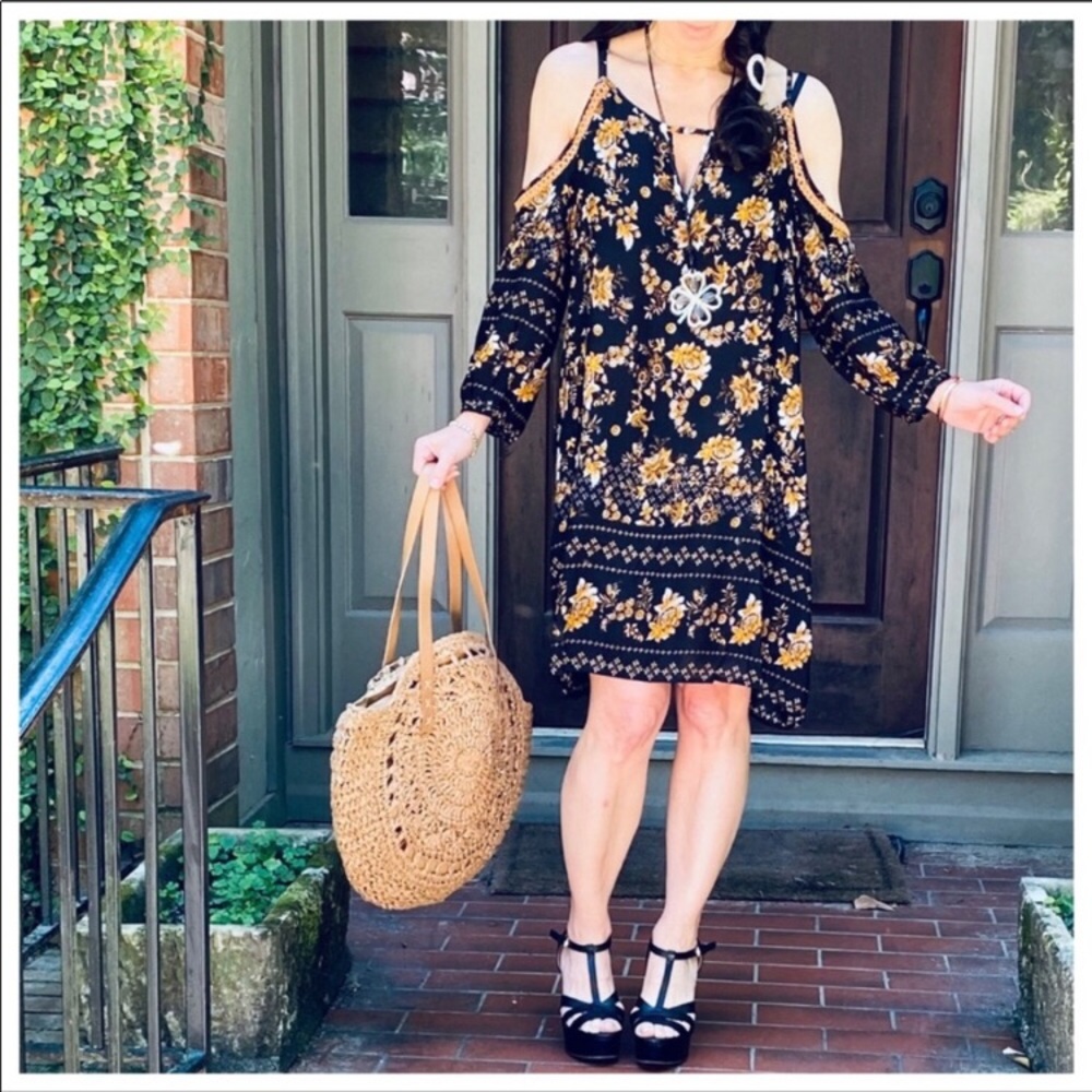 Gangi Black Floral Cold Shoulder Dress